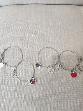 Lot of 4 Wire Sliding Closure OS Teacher Silver-tone Bracelets Bangles w/ Charms